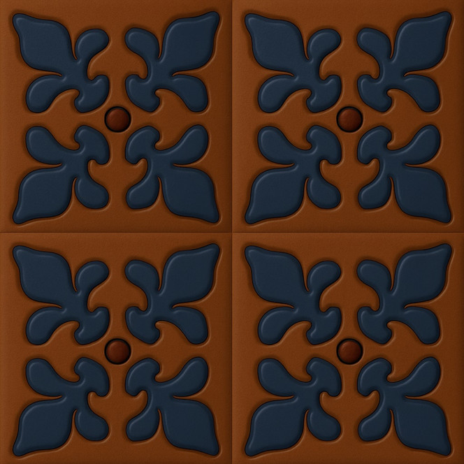 Mexican Relief Tile Blue Floral Scroll – Handcrafted Talavera with Cobalt Scrollwork and Golden Flourishes