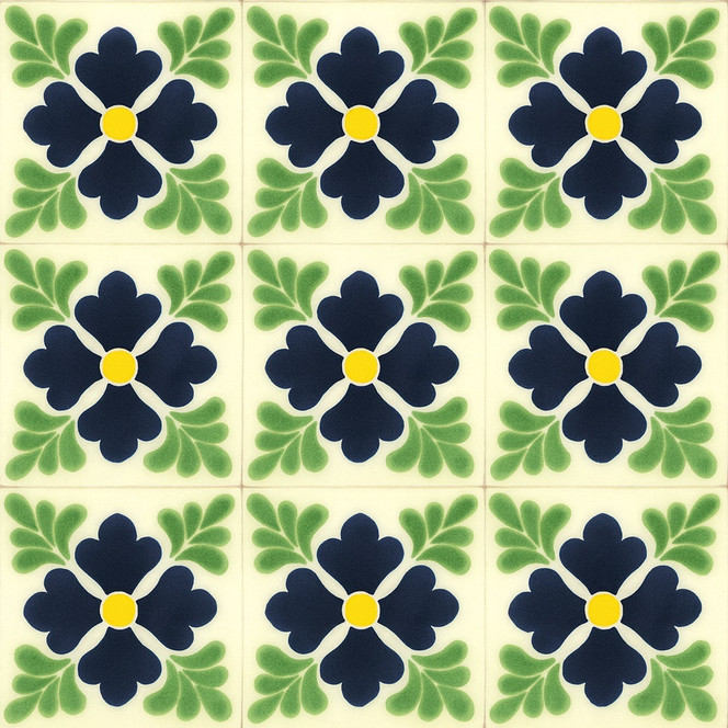 Dark Floral Fans Mexican Tile Hand-Painted in Dolores Hidalgo
