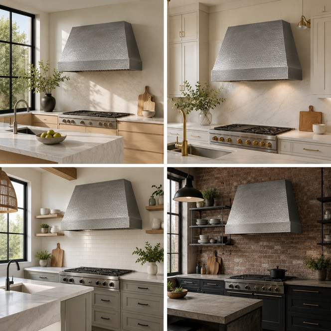 Minimalist Hammered Zinc Range Hood with Tapered Silhouette Guide