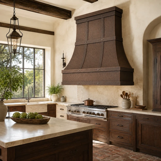 Hand-Hammered Bell Copper Range Hood with Four Banded Rails Guide