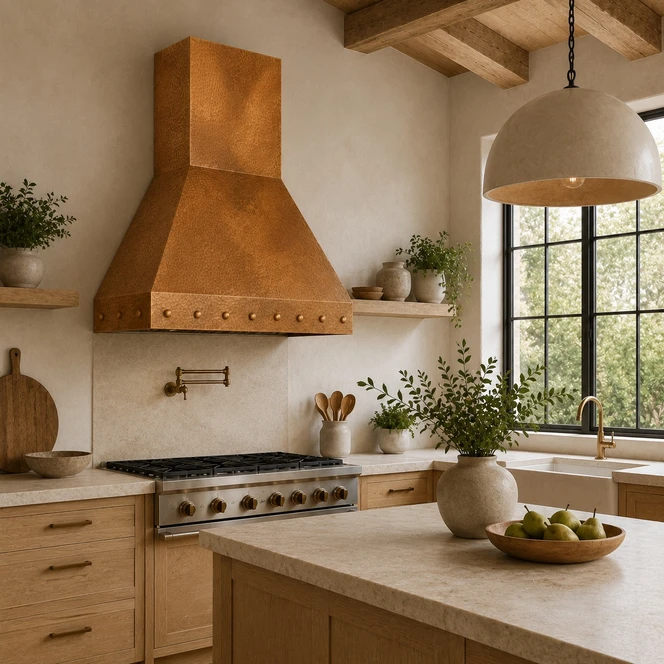 Tapered Copper Range Hood with Riveted Apron Guide