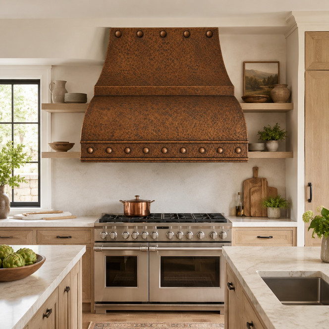 Double-Curved Copper Range Hood with Riveted Apron Guide