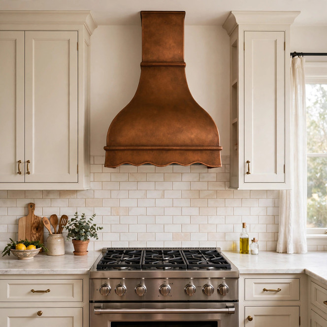 Scalloped Dome Copper Range Hood with Stepped Neck Guide