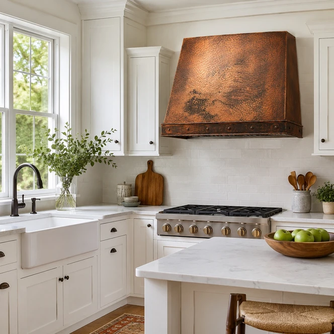 Sloped Under-Cabinet Hammered Copper Range Hood with Rivets Guide
