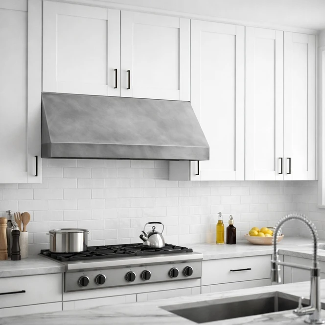 mooth Zinc Range Hood with Clean Angled Silhouette Guide