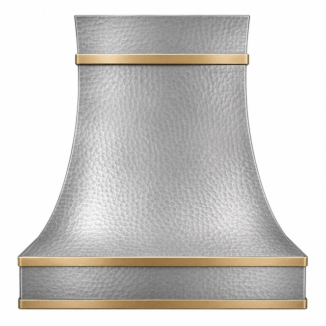 Soft-Hammered Zinc Bell Range Hood with Brass Bands Lifestyle Kitchen Images