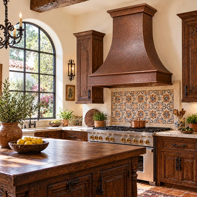 Hand-Hammered Bell Copper Range Hood with Architectural Apron Guide
