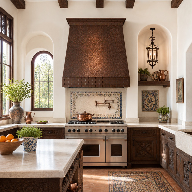 Hand-Hammered Copper Range Hood with Brick-Style Apron Guide