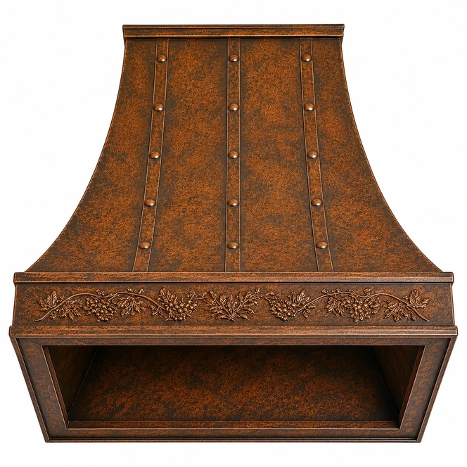 Tall Hammered Copper Range Hood with Iron Straps and Botanical Apron Kitchen Images