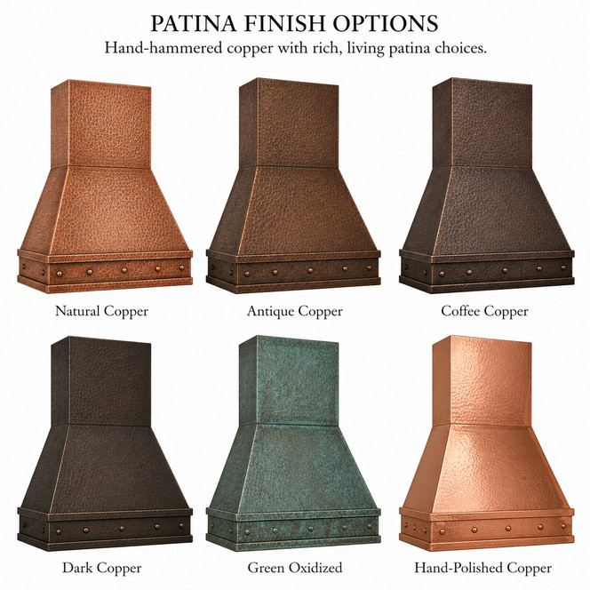 Tapered Hammered Copper Range Hood with Riveted Apron Kitchen Images