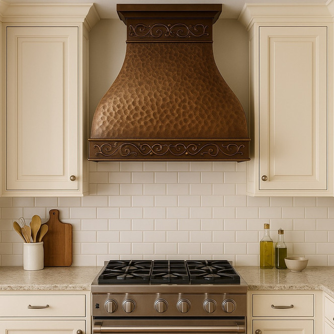 Handmade Hammered Copper Range Hood with Scroll Bands Guide