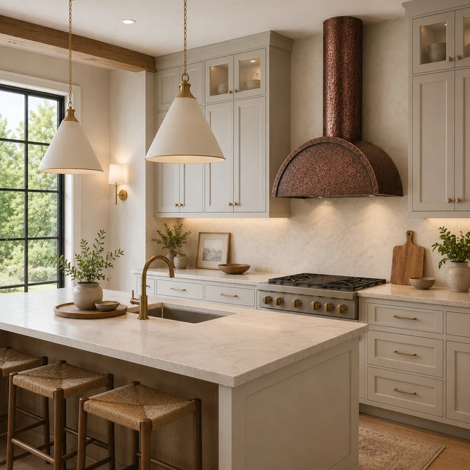 Copper Range Hood with Barrel Canopy and Round Chimney Guide