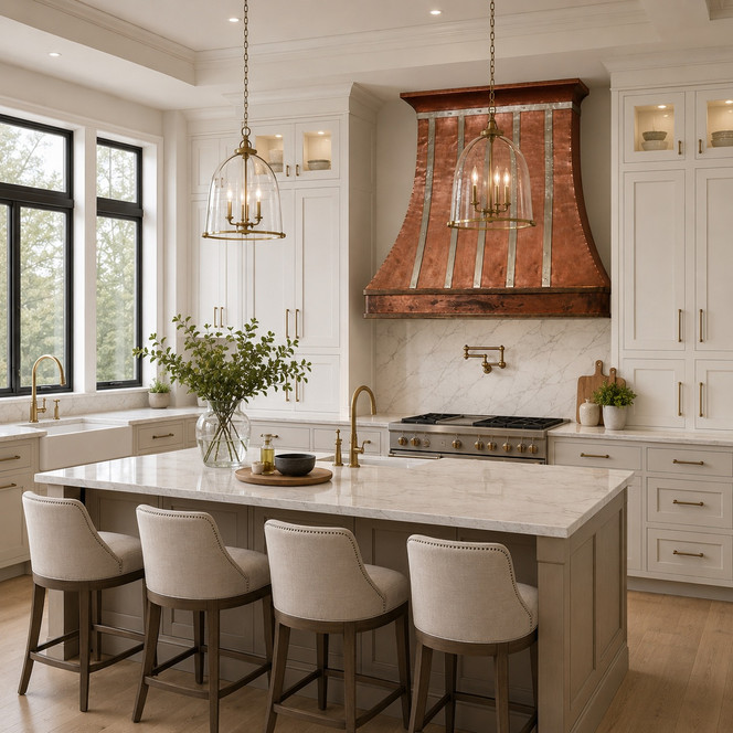 Smooth Copper Bell Range Hood with Zinc Straps and Rounded Apron Guide