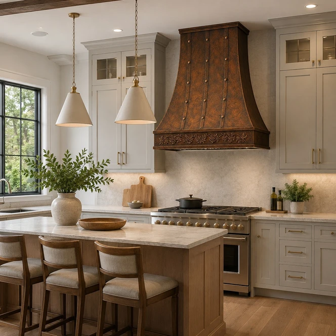 Tall Hammered Copper Range Hood with Iron Straps and Botanical Apron Guide