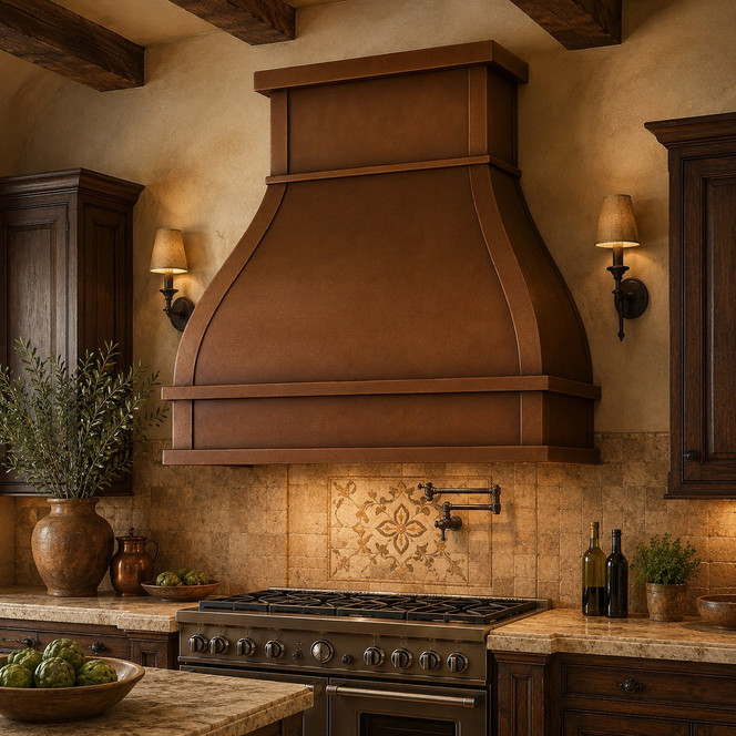 Tuscan Copper Range Hood with Wide Trim and Bands Guide