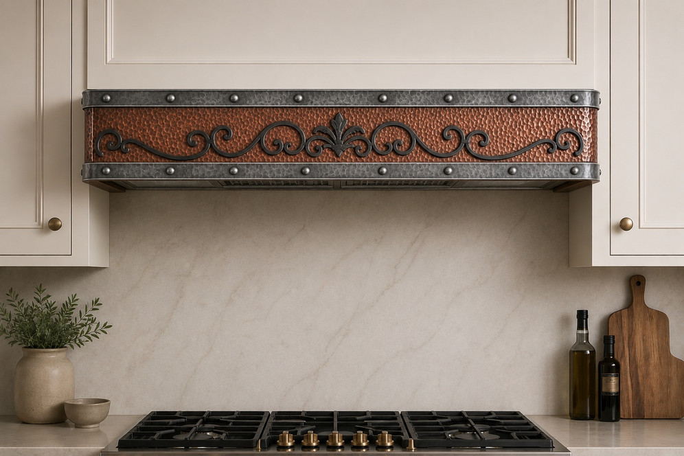 Hammered Copper Undercabinet Hood with Zinc Bands and Iron Scroll Lifestyle Images
