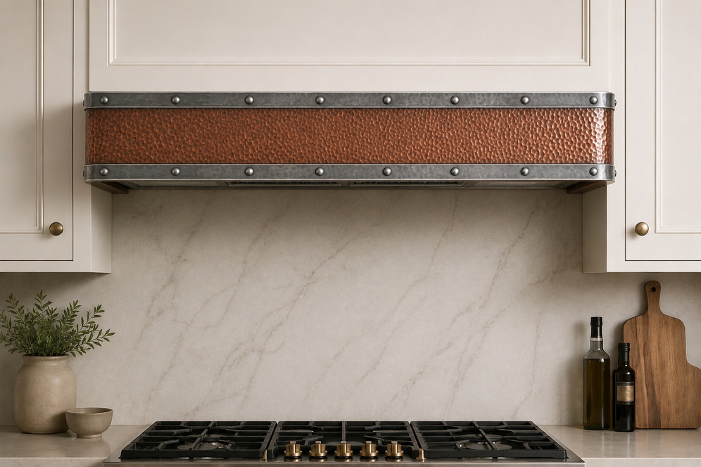 Hammered Copper Box Undercabinet Hood with Riveted Zinc Bands Lifestyle Images