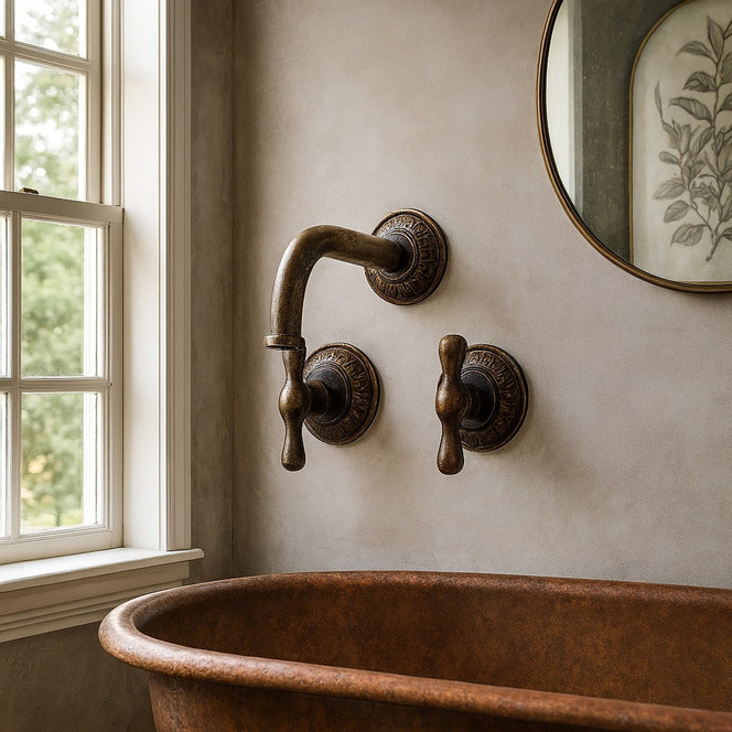 Vintage-Style Wall-Mount Brass Faucet – Handcrafted Matte Satin Finish for Kitchens & Baths