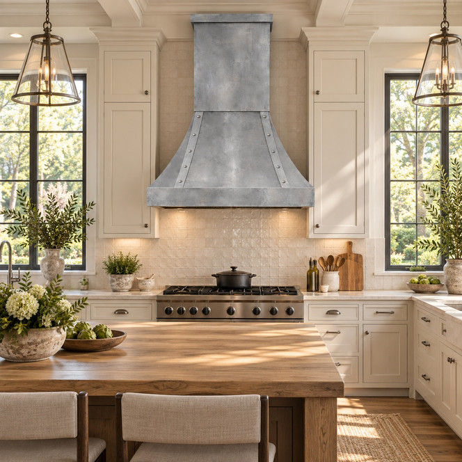 Zinc Bell Range Hood with Twin Straps and Plain Apron Guide