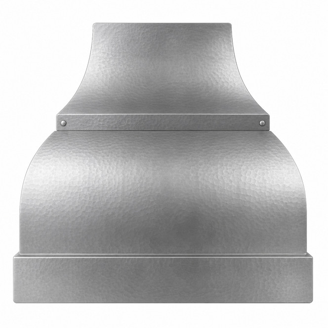 Hammered Zinc Bell Range Hood with Band and Boxed Apron in Kitchen Images
