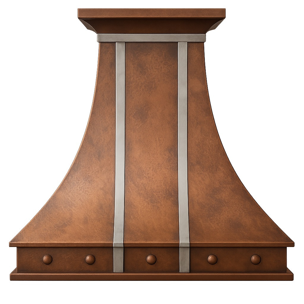 Custom design copper range hood with zinc vertical straps and decorative rivets

