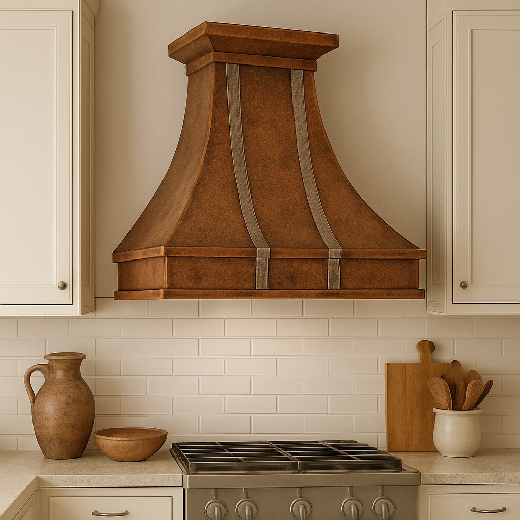 Traditional kitchen featuring a wall-mount custom design copper range hood with zinc accents