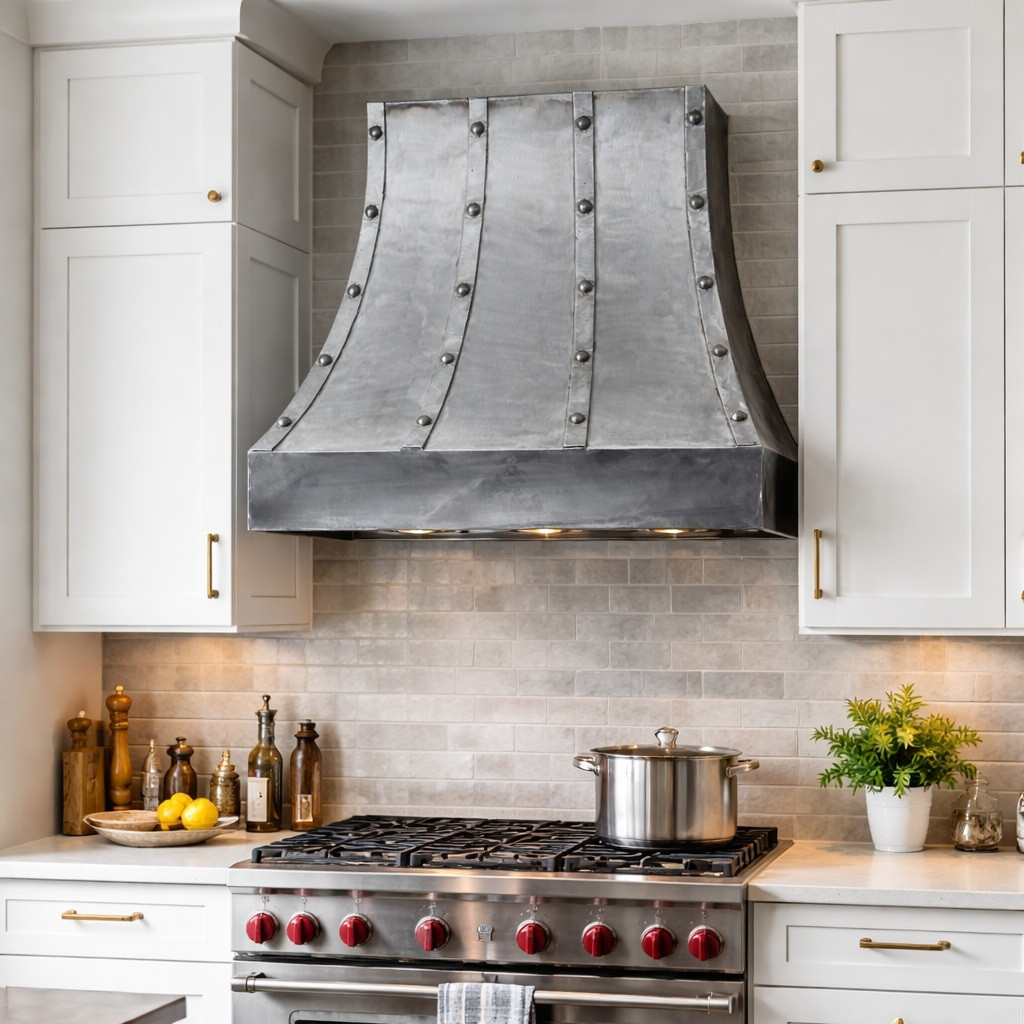 Handcrafted wrought iron range hood with riveted strap design in an apartment size kitchen