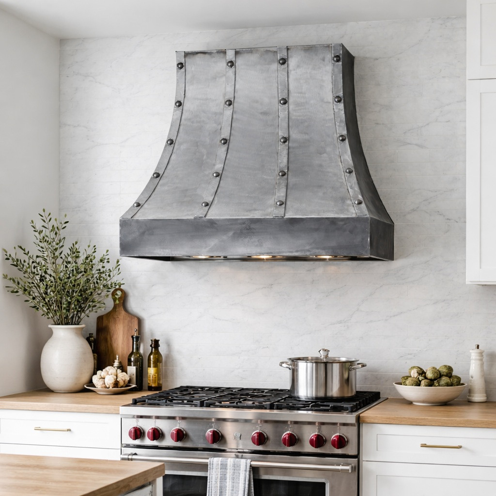 Handcrafted wrought iron range hood with riveted strap design in a minimalist kitchen