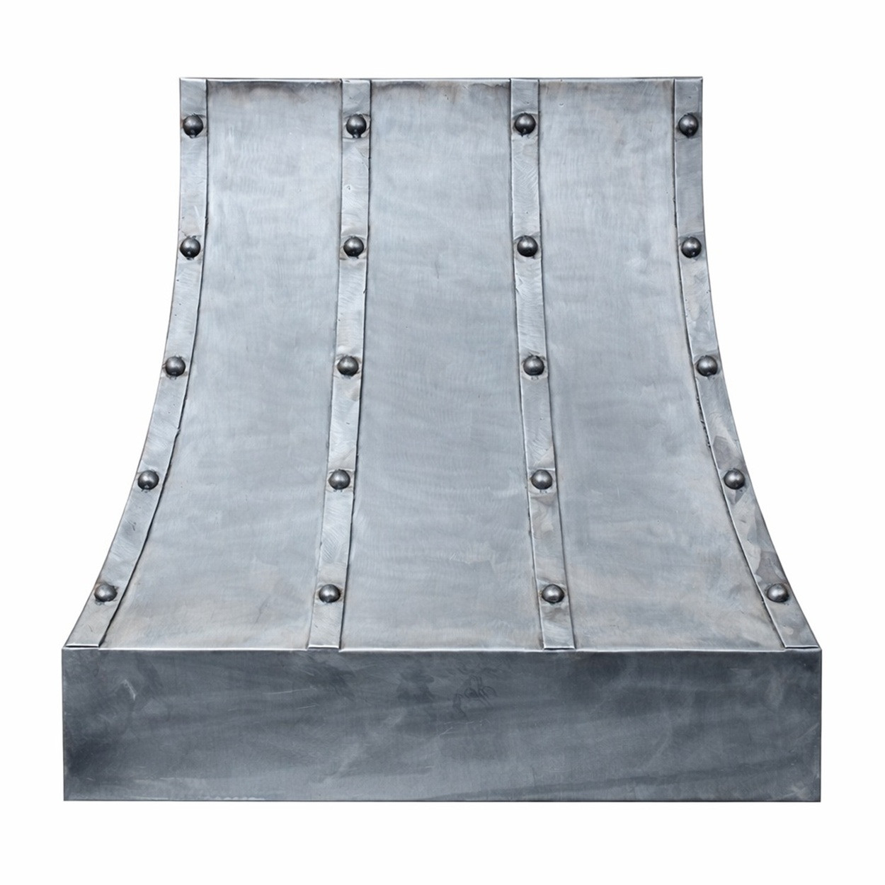 Handcrafted wrought iron range hood with riveted straps