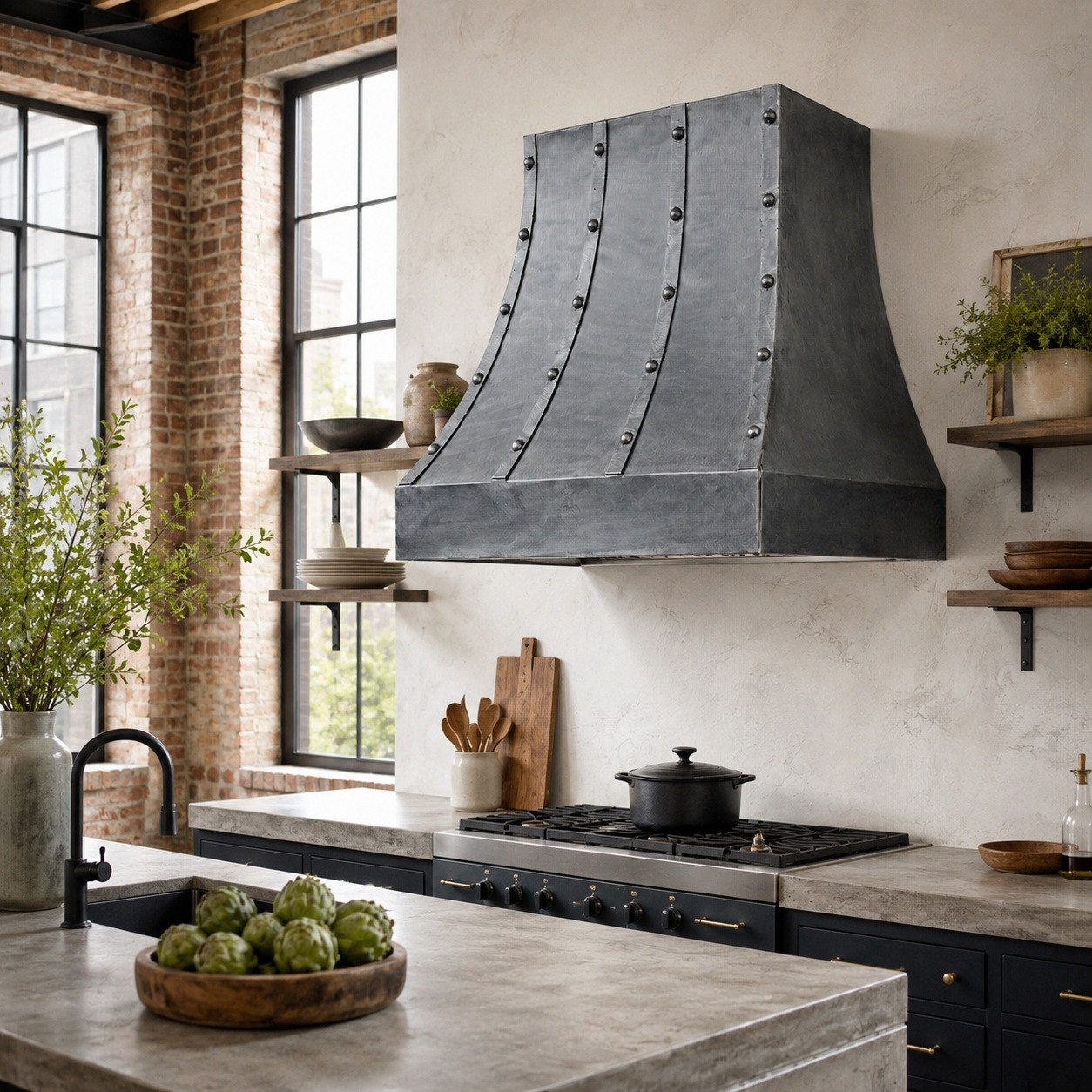 Loft kitchen with bell-shaped wrought iron range hood, riveted straps, and natural iron finish