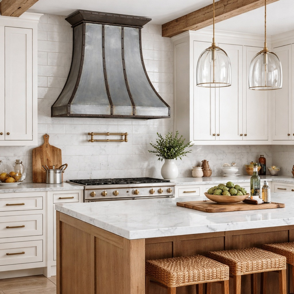 Loft style iron range hood with curved panels in a transitional style kitchen