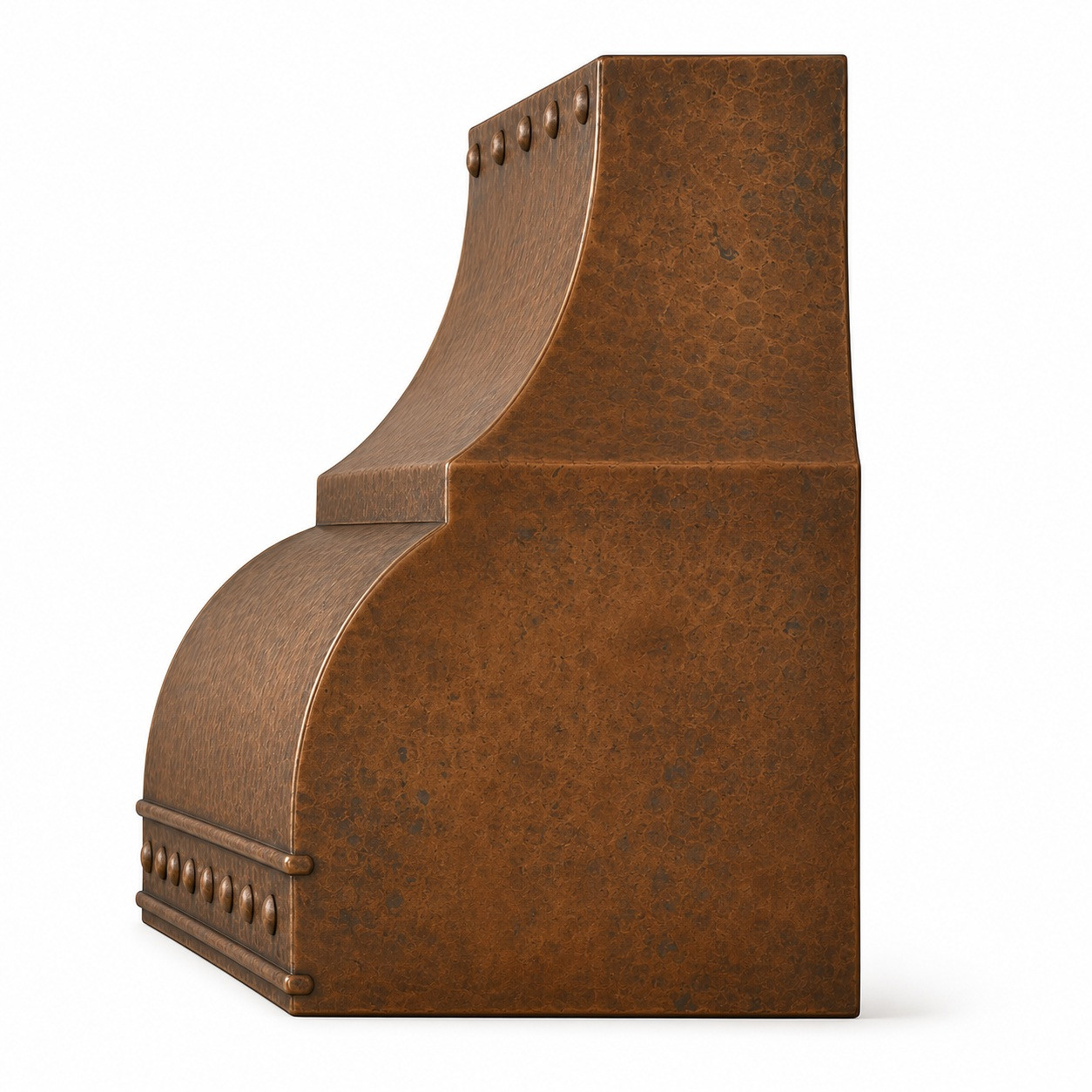 Side view of antique hammered copper range hood showing deep projection, compound curves and riveted apron
