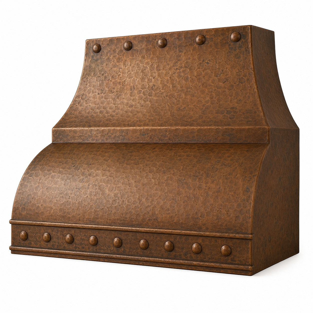 Angled view of hammered copper range hood with antique patina, double-curved canopy and riveted boxed apron