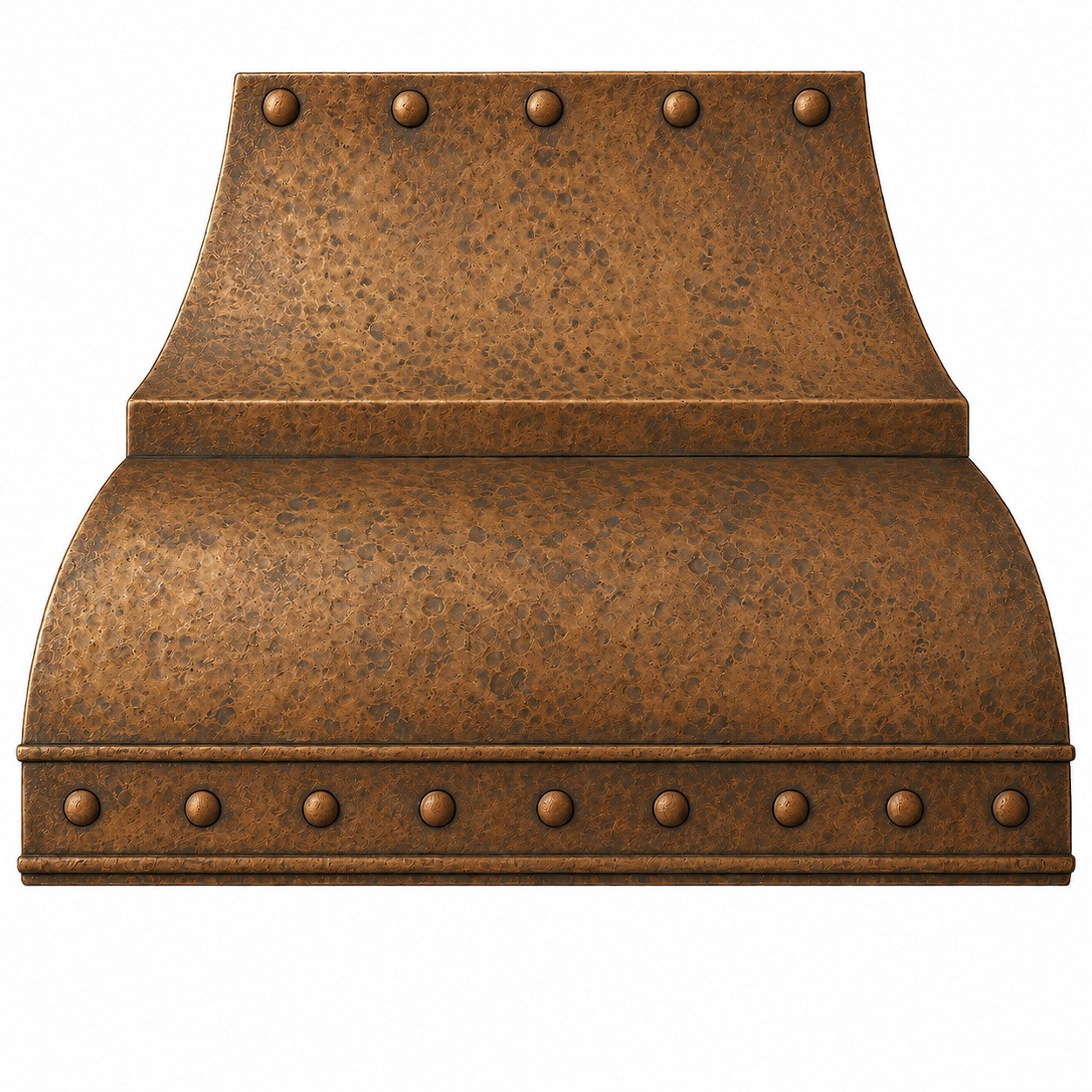 Double-curved copper range hood with riveted apron, thick collar, bead molding, and warm handmade patina
