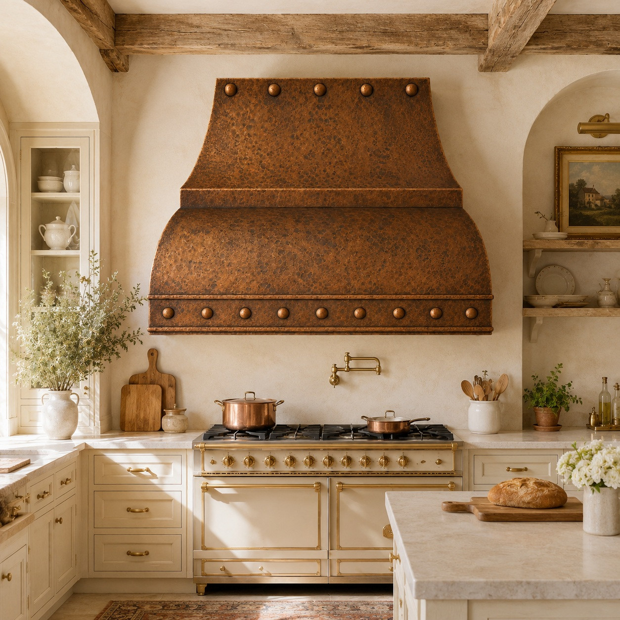 French country kitchen with double curved copper range hood and riveted apron