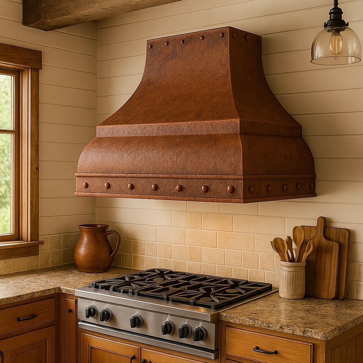 European farmhouse kitchen with double curved copper range hood and riveted apron