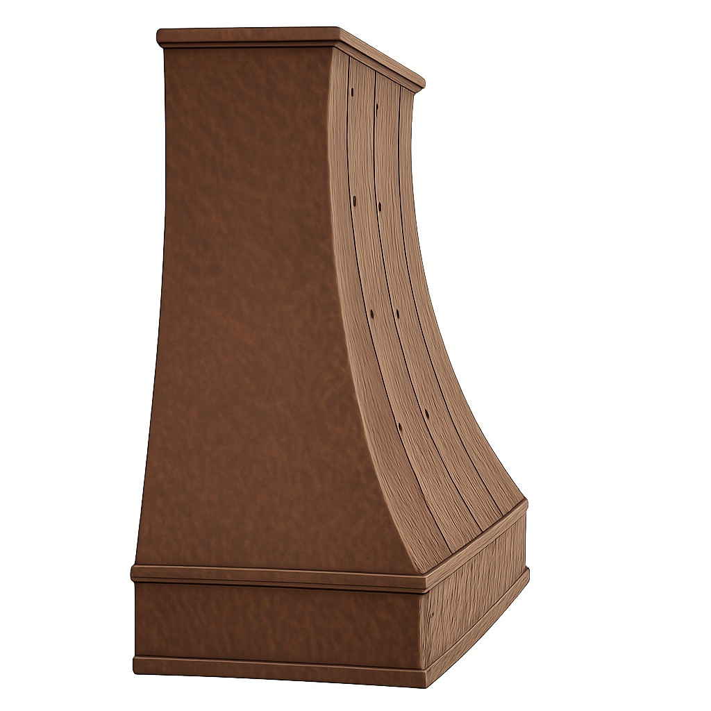 Side view of a designer copper range hood with a Gothic apron