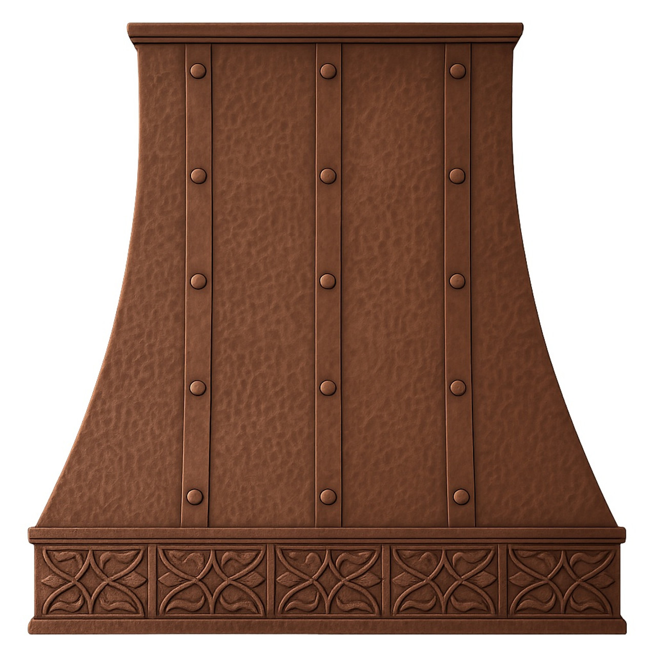 Copper range hood with a designer apron - front view