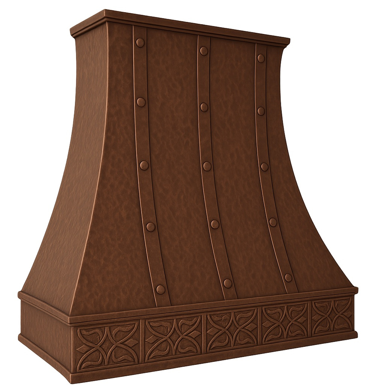Copper range hood with a designer apron - angle view