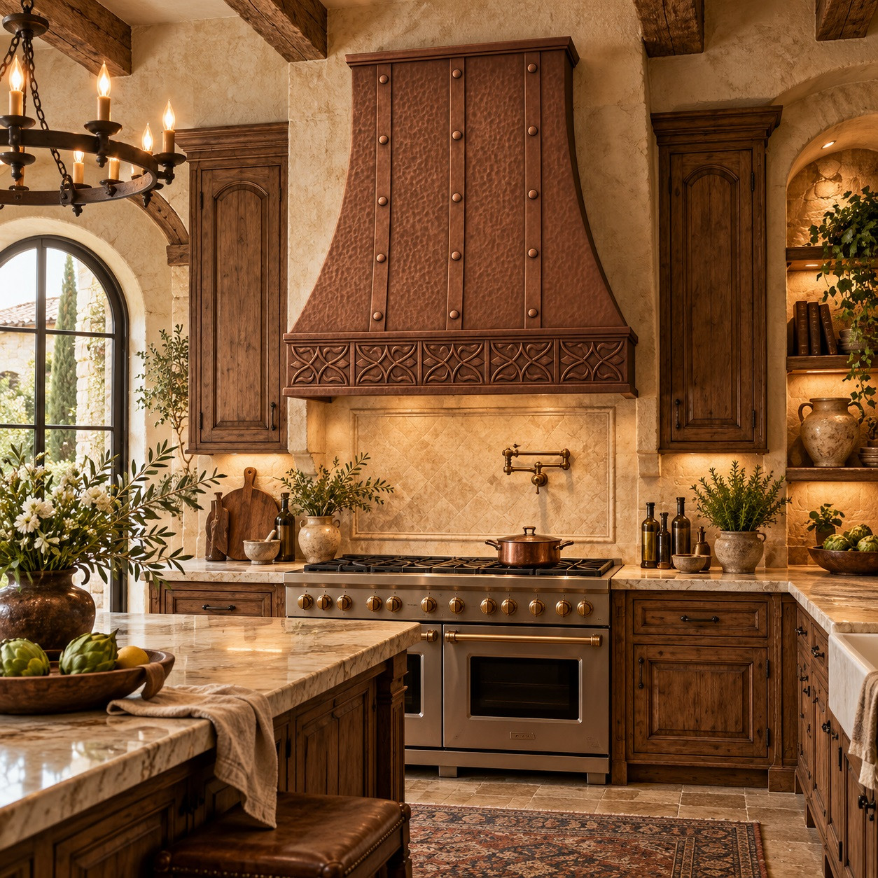 Designer copper range hood with gothic apron displayed in an old world kitchen space