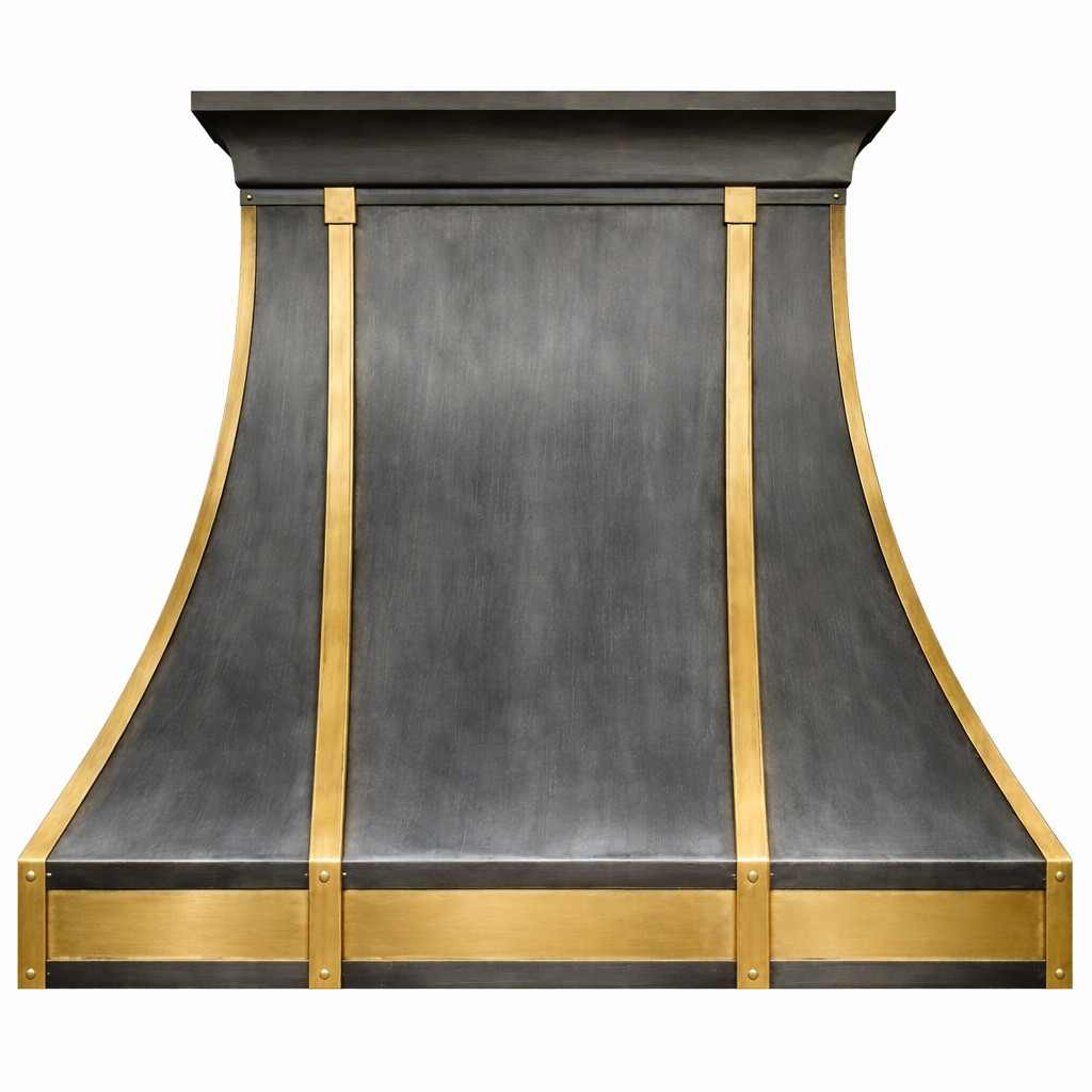 Zinc range hood with brass straps and apron, black crown molding