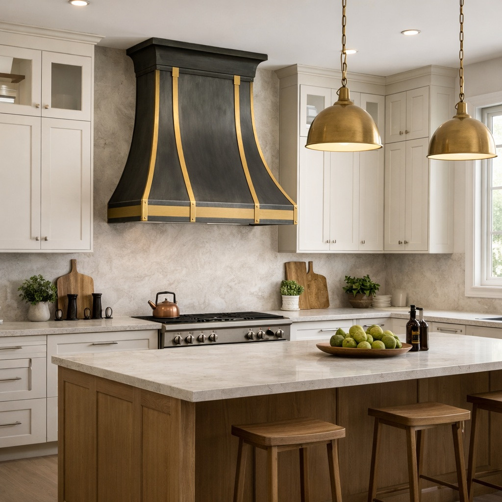 Zinc range hood with brass straps and apron and black crown molding in a modern rustic transitional kitchen with light walnut shaker cabinetry