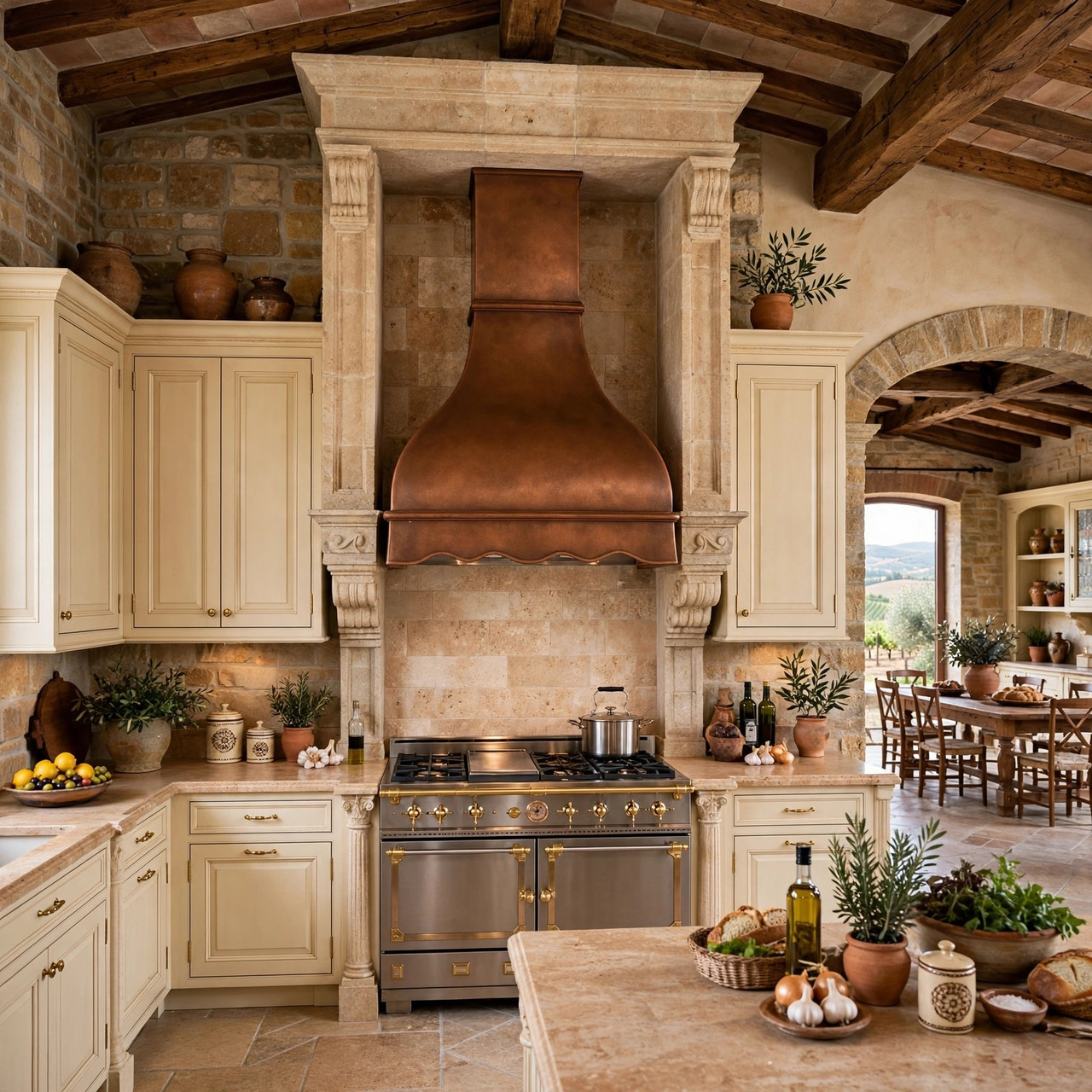 Tuscan kitchen with scalloped dome copper range hood, stepped neck, and warm patina
