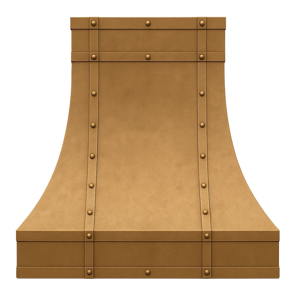 Antique copper range hood side view on white background, hand hammered copper canopy with flared trapezoidal shape, riveted straps and aged patina finish