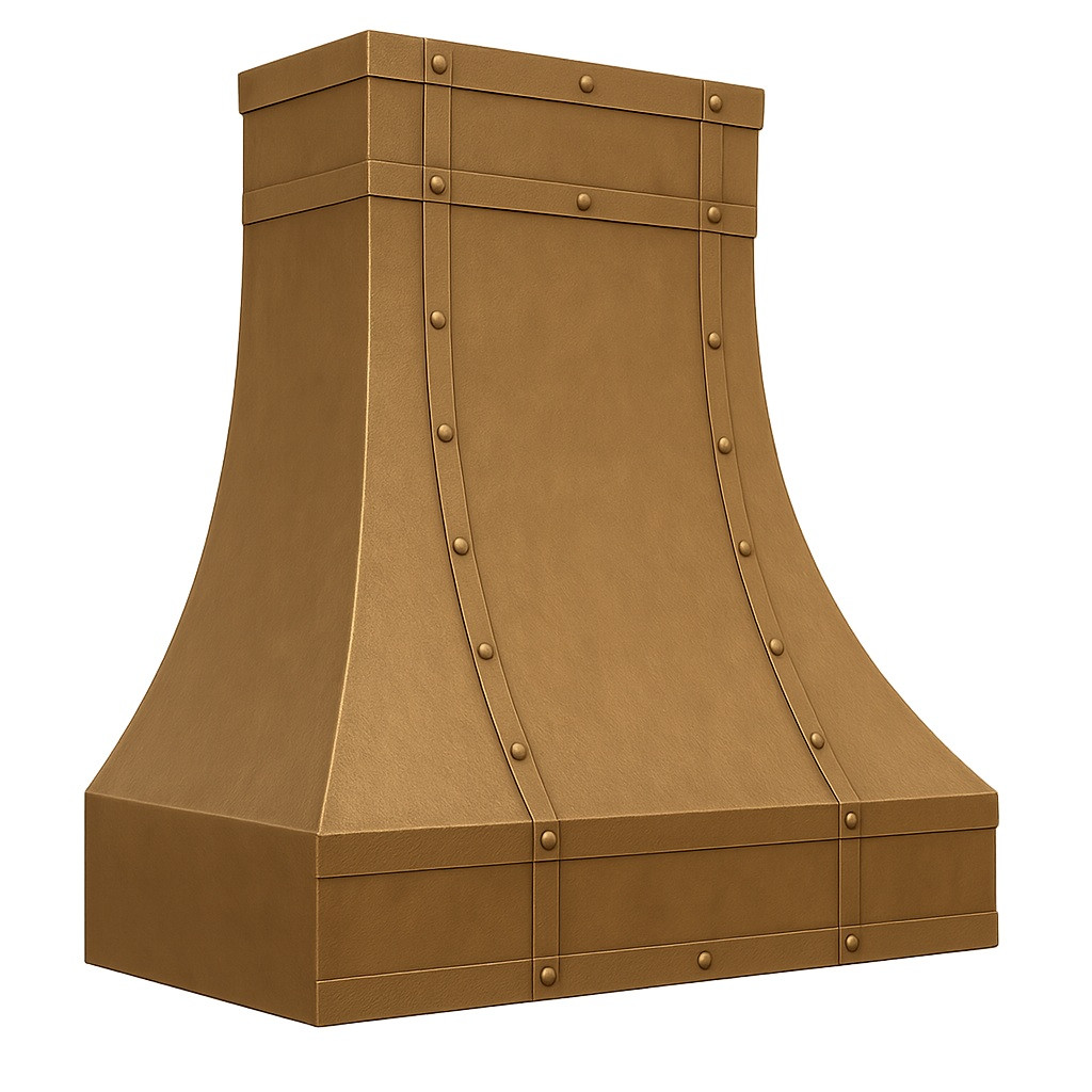 Antique copper range hood angled view on white background, hand hammered copper canopy with flared trapezoidal shape, riveted straps and aged patina finish