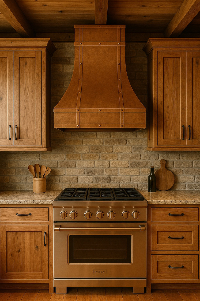 Antique copper range hood in rustic kitchen, hand hammered copper canopy with riveted straps above stone backsplash, exposed timber beams and natural wood cabinetry
