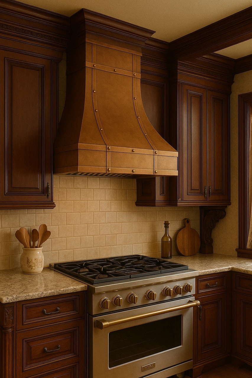 Antique copper range hood in American traditional kitchen, hand hammered copper canopy with riveted straps above classic cabinetry and timeless architectural details