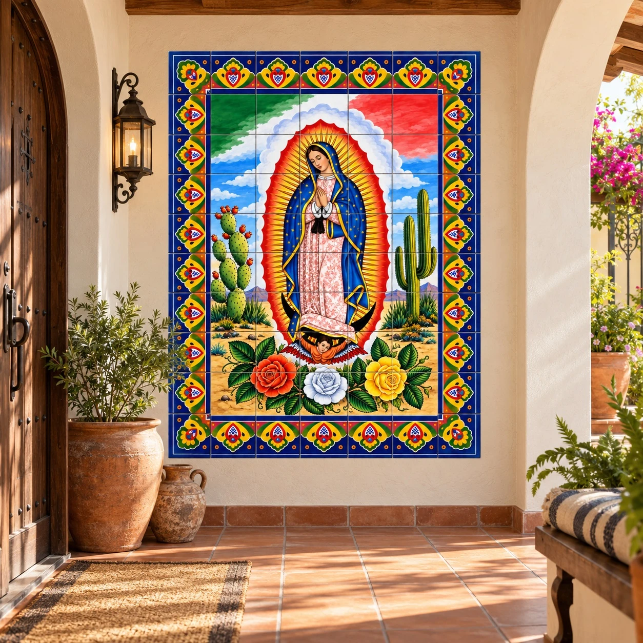 Mexican tile mural lady of Guadalupe displayed in a Spanish entryway with rustic details.