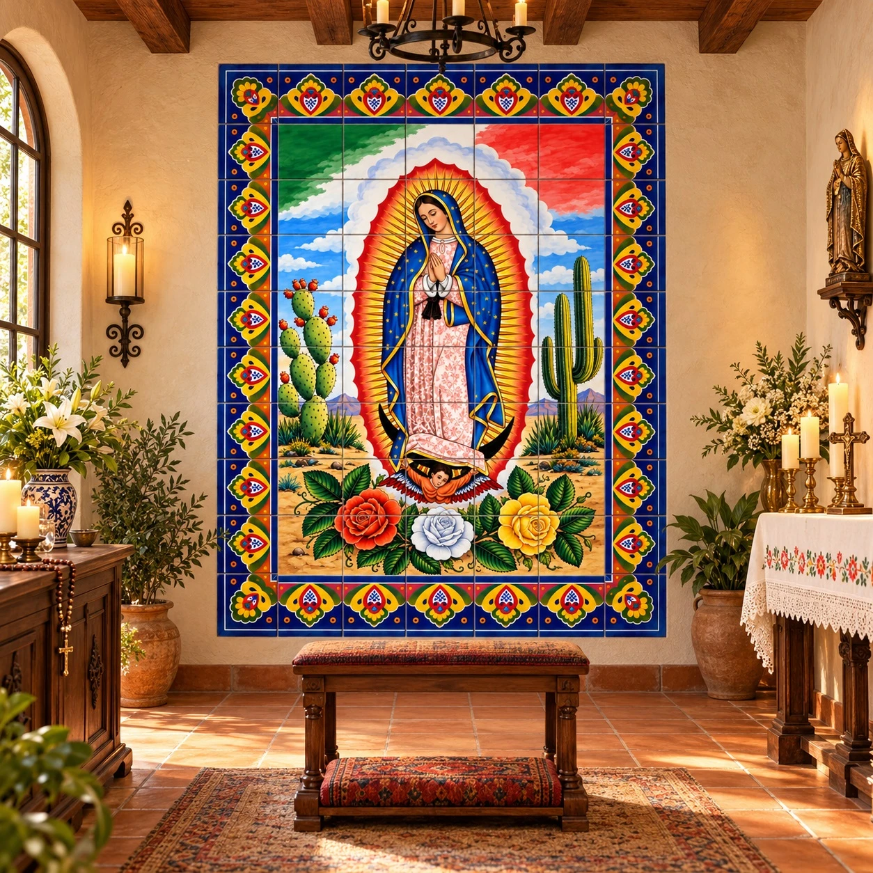 Mexican tile mural lady of Guadalupe displayed in a peaceful home chapel with rustic decor.
