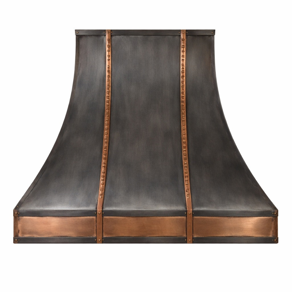 Mixed-metal zinc and copper range hood from brushed dark zinc and accented with hand-hammered copper straps and a copper apron